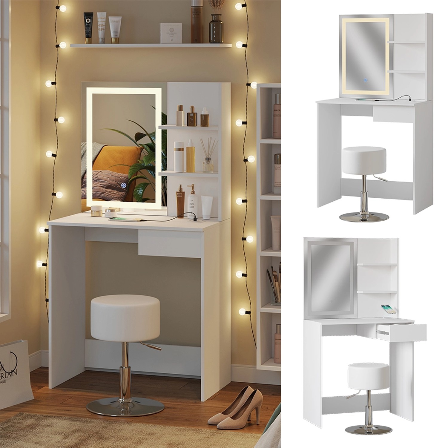 Vicco Schminktisch Dekos Weiß 75 cm mit LED-Spiegel QI-Ladegerät und Hocker günstig online kaufen