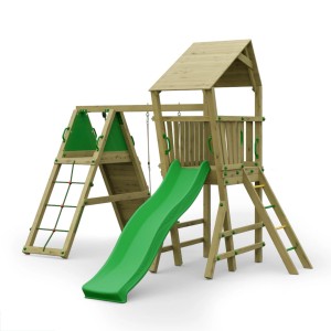 Spielturm Funky Combo mit Rutsche, Schaukel und Kletterelementen für den Garten.