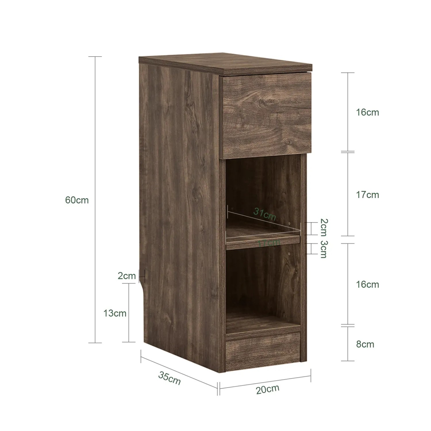 SoBuy schmaler Nachttisch in dunkler Holzoptik mit Schublade und zwei offenen Ablagen. Ideal für Schlafzimmer.