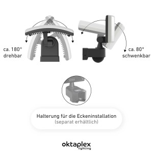 Oktaplex LED Außenstrahler: Dreh- und Schwenkfunktion, Halterung für Eckenmontage separat erhältlich.
