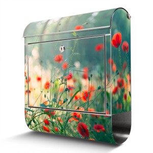 Banjado Edelstahl Briefkasten mit Waldmohn Motiv und Zeitungsfach.