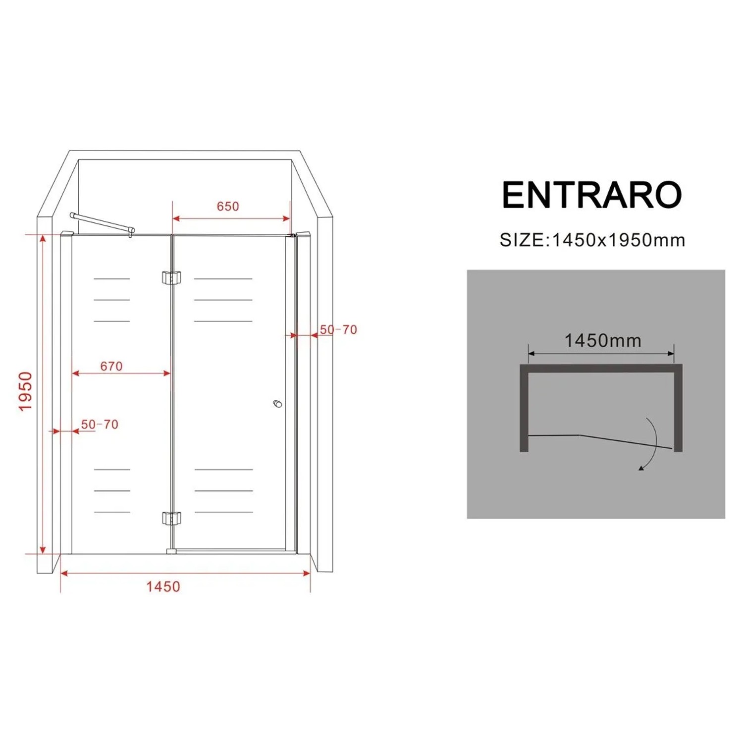 Technische Zeichnung: Glasdeals Nischentür ENTRARO 145x195 cm, rahmenlose Duschtür mit Maßen.