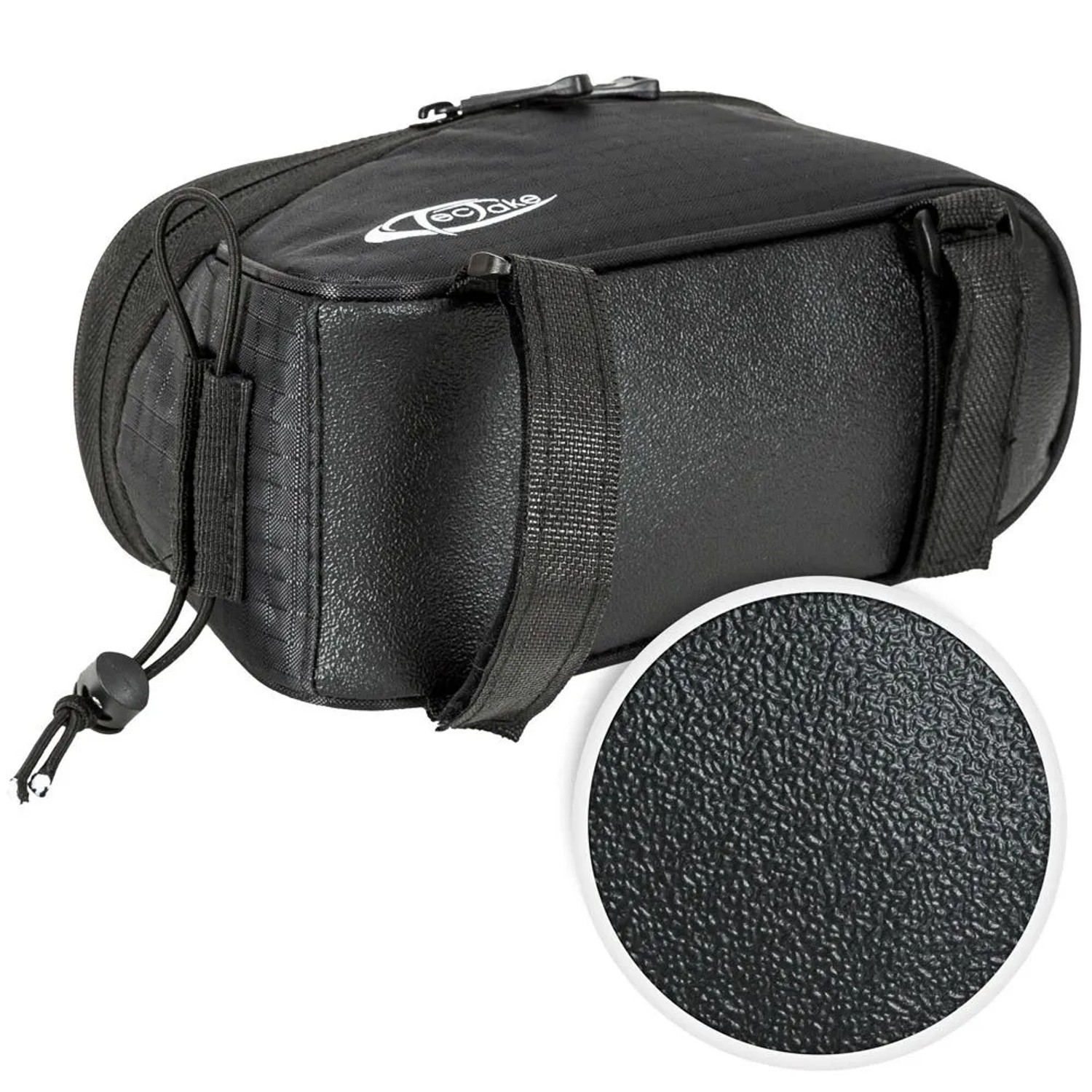 Schwarze Tectake Fahrradtasche zur Rahmenbefestigung, wasserabweisend, mit Detailaufnahme der Materialstruktur.