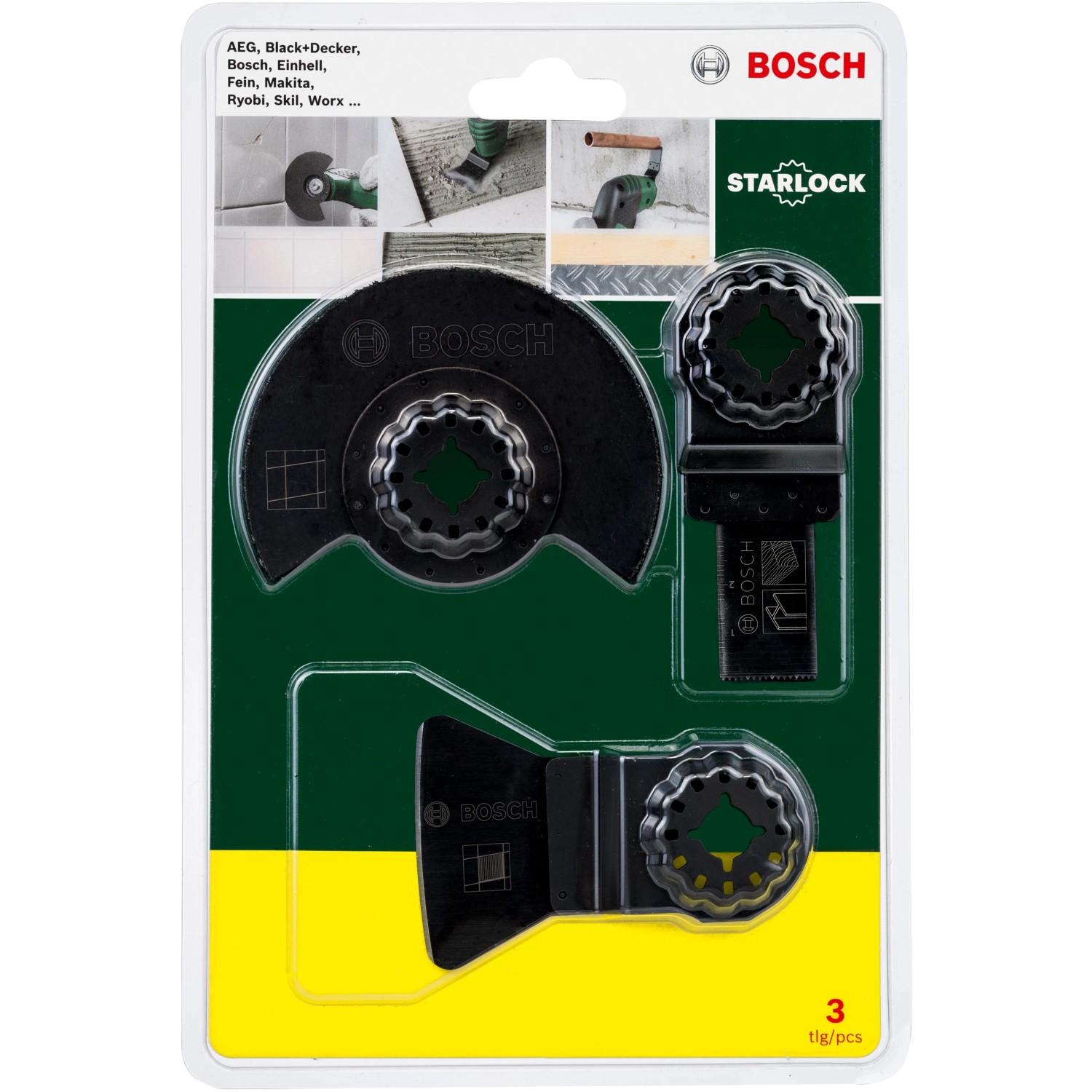 Bosch Fliesen-Set Promoline, 3-teilig für Multifunktionswerkzeug, bestehend aus Tauchsägeblatt, Segmentsägeblatt und Schaber.