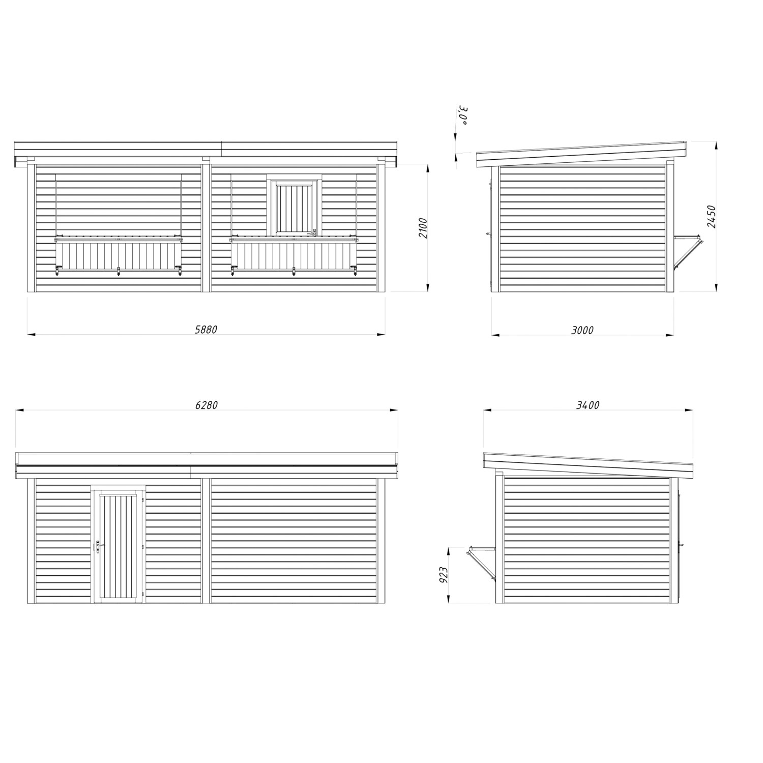 Technische Zeichnung Palmako Marktstand Lenna Set 311, grau, mit Maßen und Ansichten.