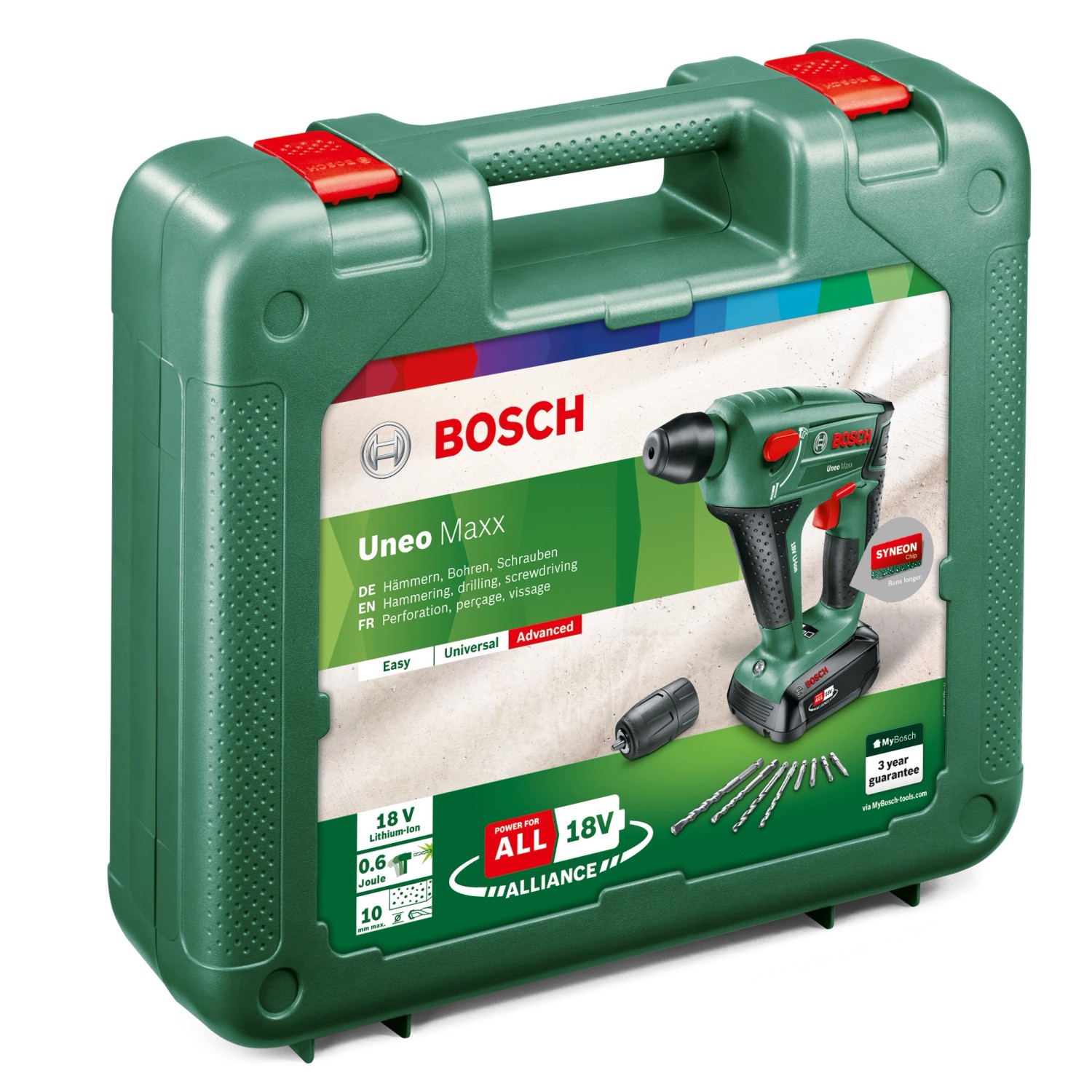 Bosch Uneo Maxx Akku-Bohrhammer Set im Koffer mit Akku, Ladegerät und Bohrern.