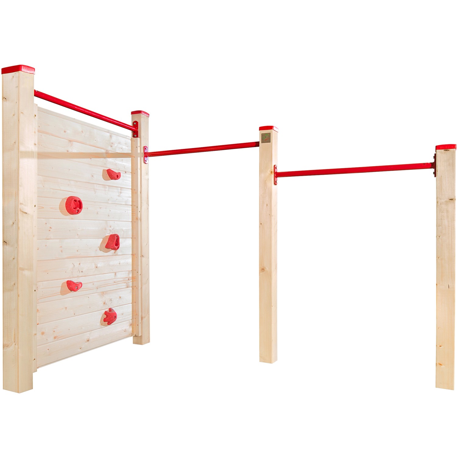 Weka Reck und Kletterstation Tabaluga aus Fichtenholz mit roten Klettersteinen und Hangelstangen.