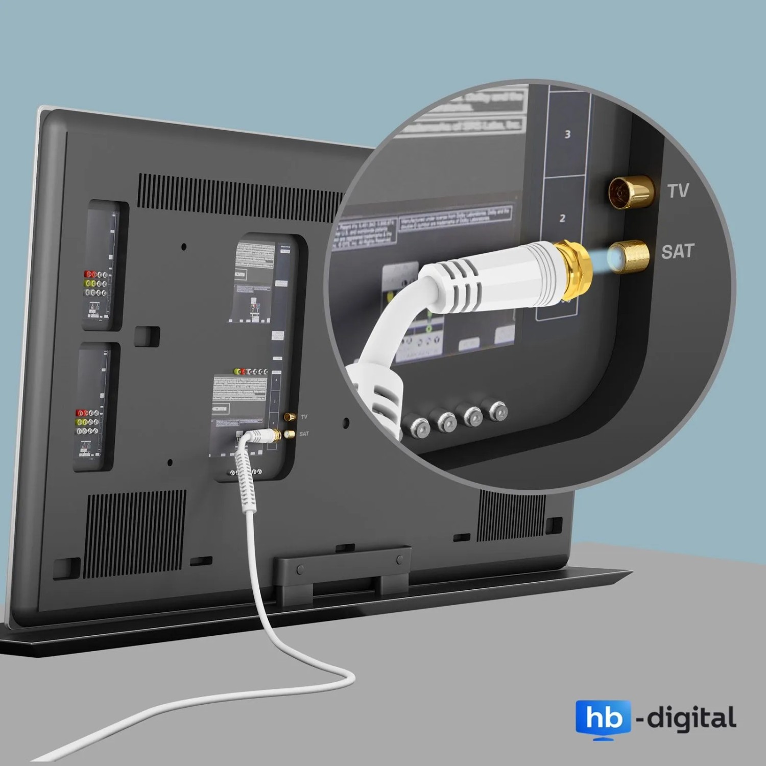 Weißes hb-digital SAT Kabel mit vergoldetem F-Stecker, angeschlossen an den SAT-Eingang eines Fernsehers.