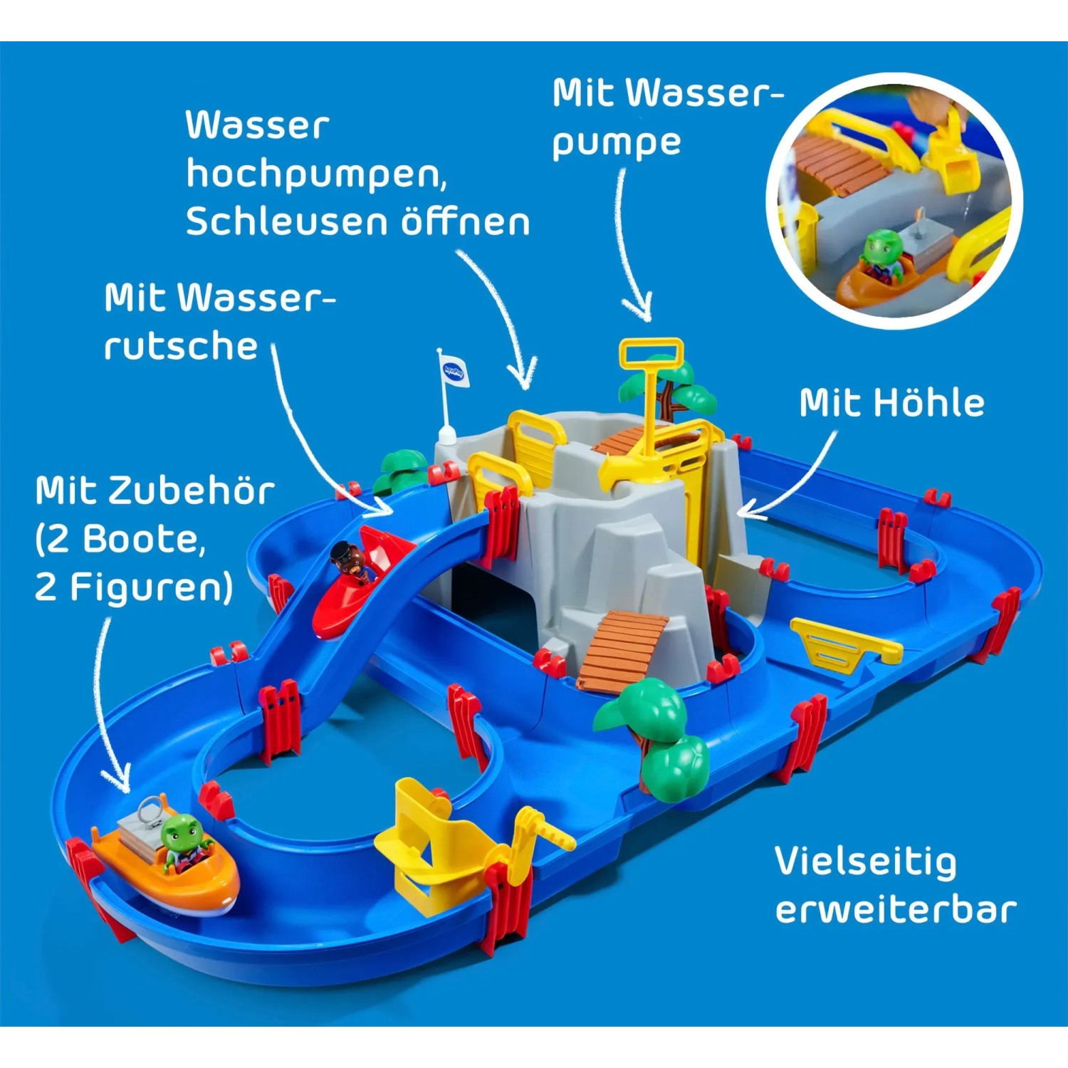 AquaPlay MountainLake Wasserbahn mit Berg, Booten und Spielfiguren.