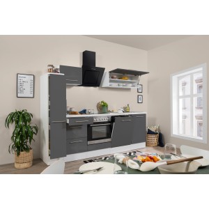 Respekta Premium Küchenzeile 250 cm in Grau Hochglanz/Weiß mit E-Geräten und Apothekerschrank.