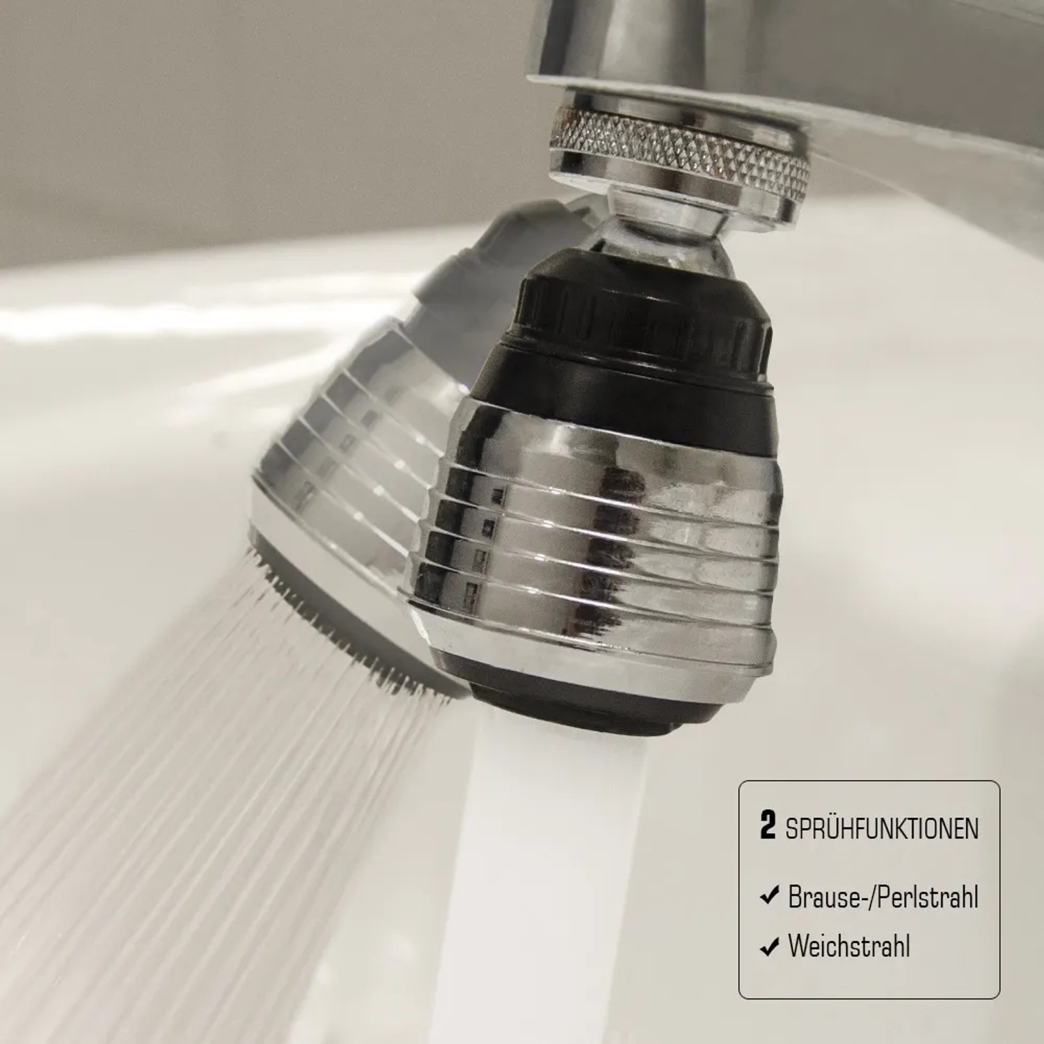 eyepower Wasserhahn-Aufsatz 360° schwenkbar mit Perlator im Einsatz.