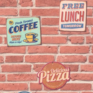 Tadessi Vliestapete Steinoptik Eliano: Braun-rote Steinwand mit Retro-Schildern.