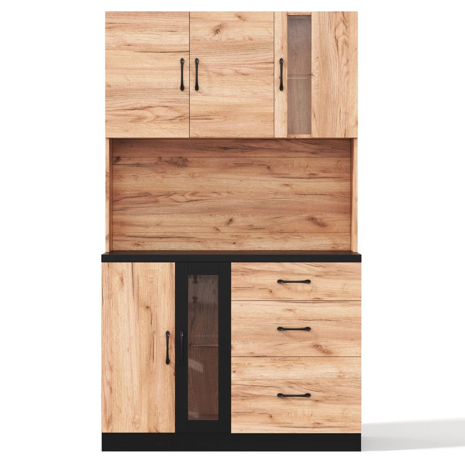 okwish Küchenhochschrank mit LED Beleuchtung Verstellbare Einlegeböden 105x40x180cm Natur Schwarz