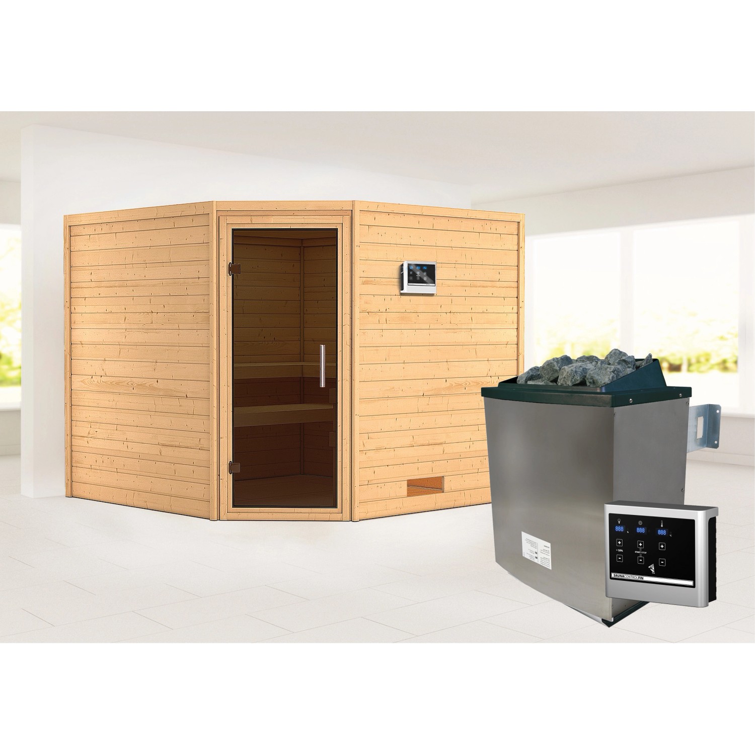 Karibu Sauna Leona mit Ofen externe Stg.Easy Natur