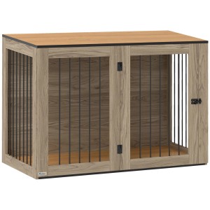 PawHut Hundekäfig/Hundebox aus Stahl und MDF in Eichenoptik, 106x60x76cm.