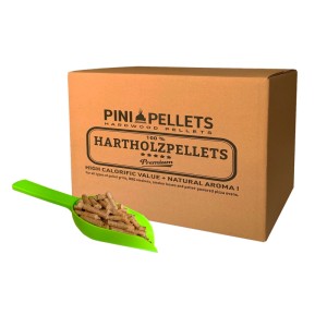 PINI Kirsche Hartholzpellets 10 kg in braunem Karton mit grüner Schaufel voller Pellets für Grill & Smoker.