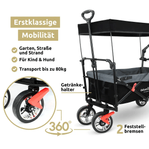 Faltbarer Bollerwagen deluxe4home mit Dach, schwarz-grau, für Camping & Freizeit.