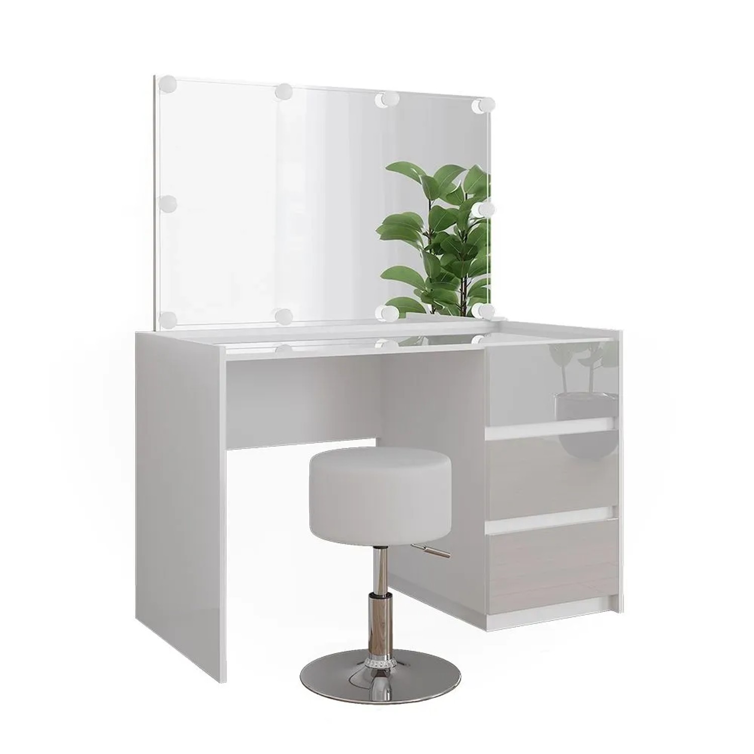 Vicco Schminktisch Marla Weiß Hochglanz 120 x 149 mit Spiegel, LED-Lichterkette und Hocker