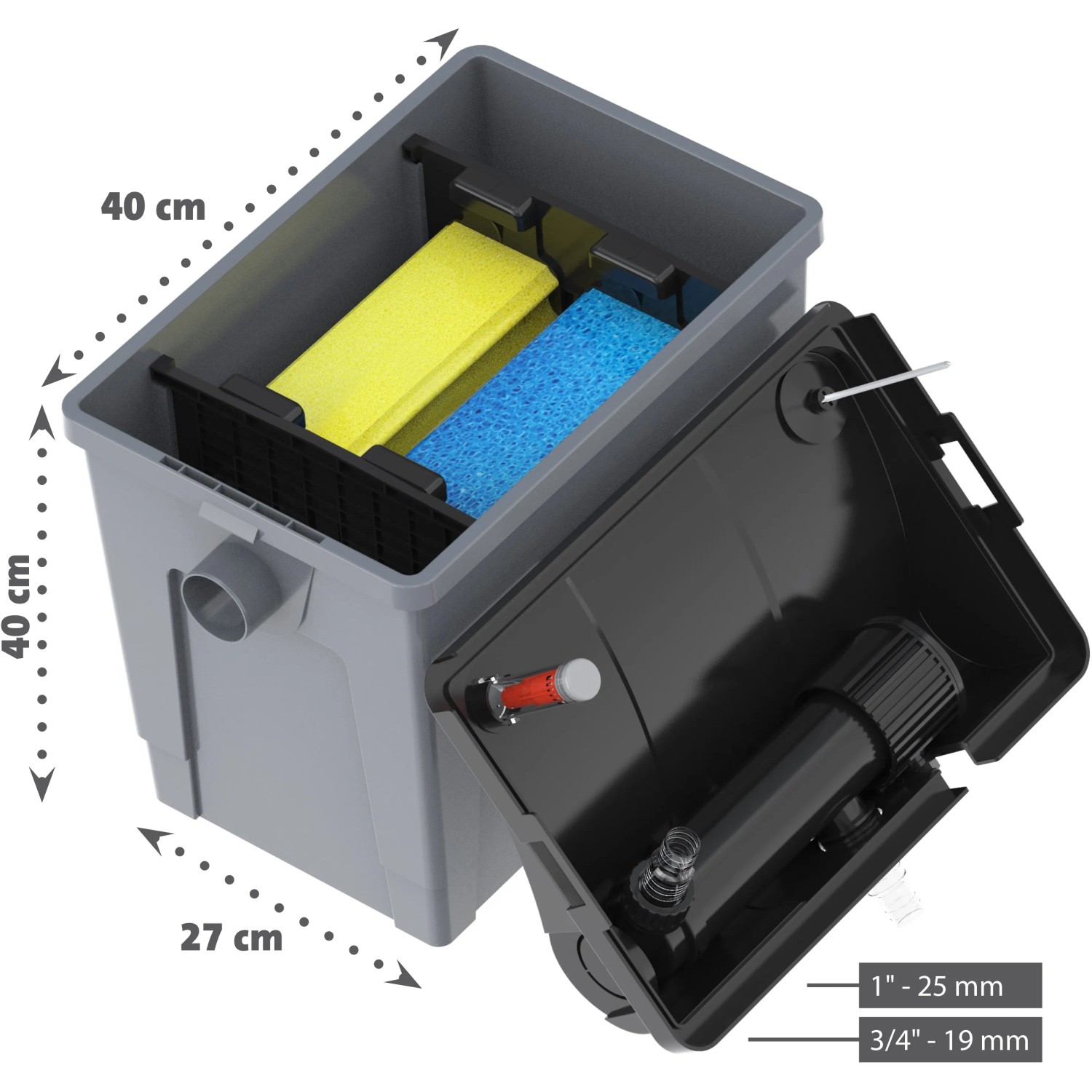 Heissner Durchlauffilter-Set FPU 10100 mit UVC-Klärer für Teiche bis 10.000 l, geöffnet mit Filtermedien.