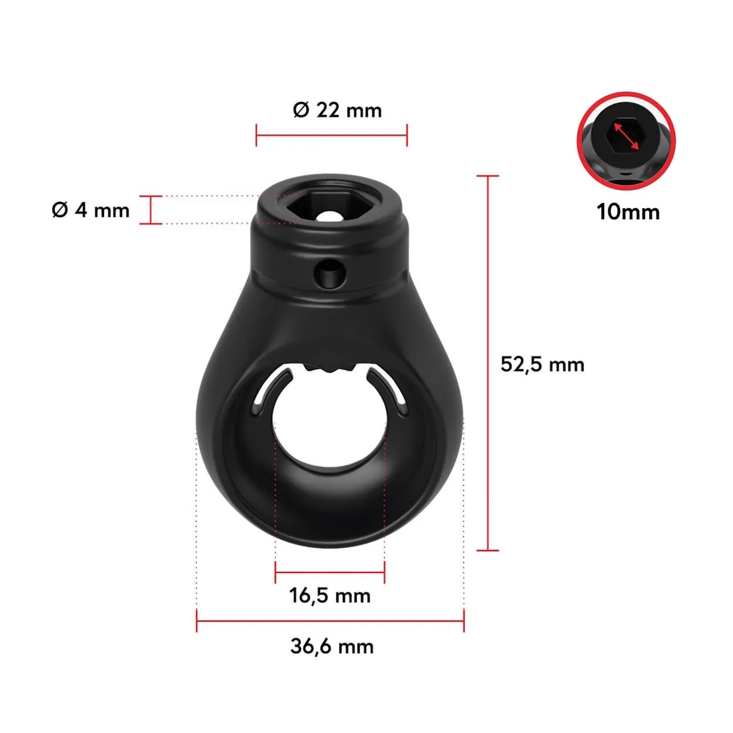 Schwarze Bauheld Markisenöse (10 mm) für Kugelhaken, Detailansicht mit Maßangaben.