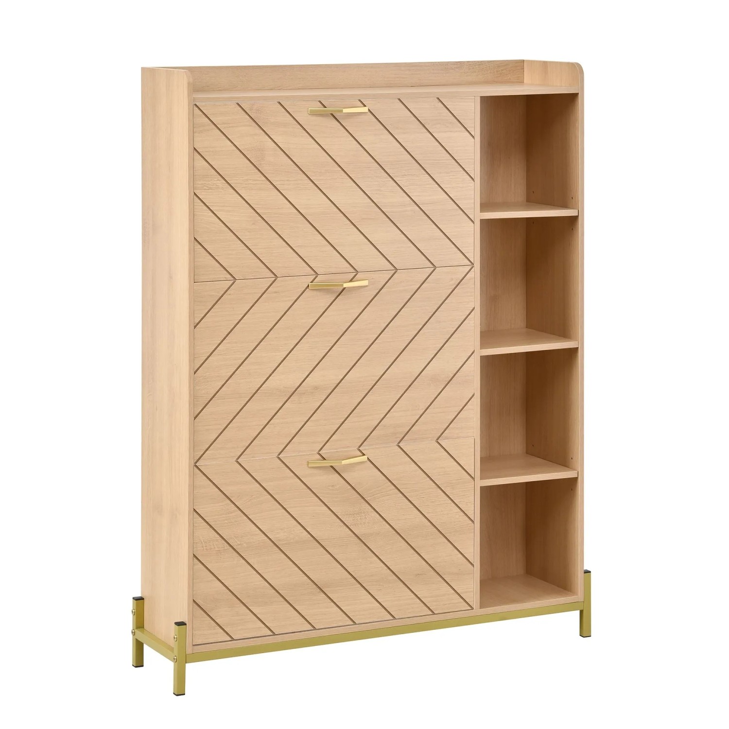 ModernLuxe Schuhschrank Nordisch mit 3 Türen Offenen Ablagen MDF Natur