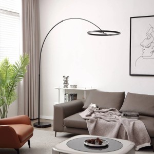 Moderne Lucande LED Bogenleuchte Virvera, schwarz, Aluminium, für Wohnzimmer. Stehlampe mit Ring-Design.