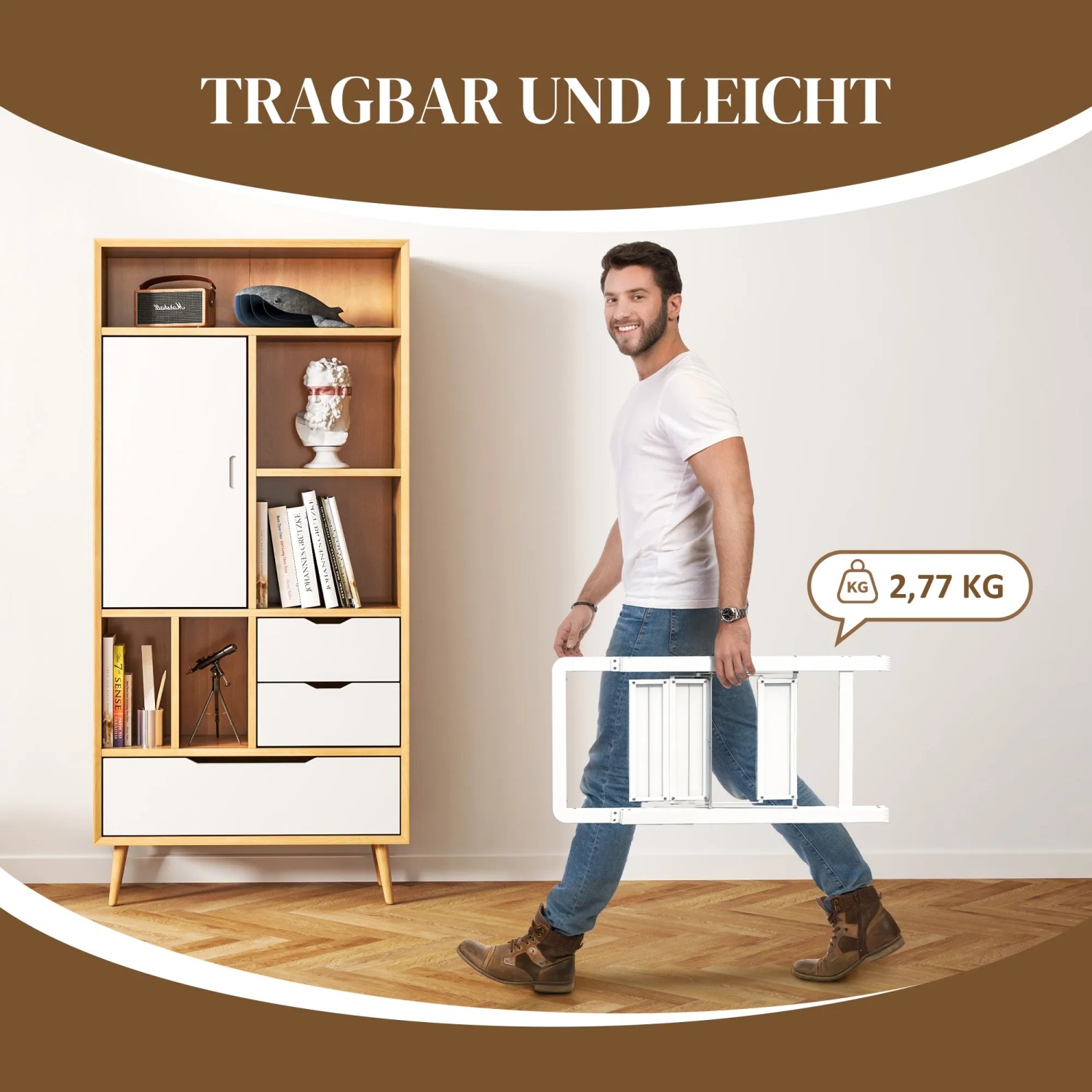 Mann trägt zusammengeklappte, weiße HOMCOM Trittleiter aus Aluminium (2,77kg).