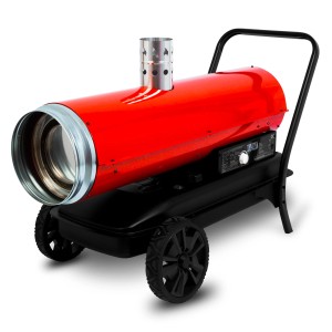 EBERTH indirekte Heizkanone 50kW, rot, mit Abgasrohr und Rädern. Ideal für Werkstatt und Baustelle.