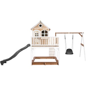 Axi Liam Spielhaus mit Nestschaukel und Rutsche, braun-weiß, für Kinder zum Klettern, Schaukeln und Rutschen.