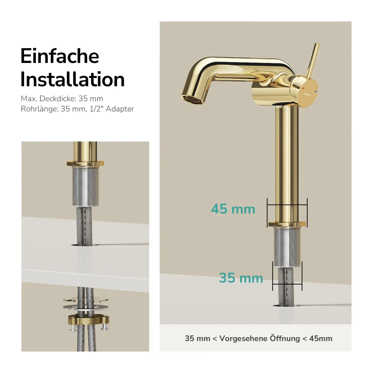 Emke Wasserhahn Bad 222 x 200 x 76 mm Champagnergold Wasserhahn Waschtischarmatur Mischbatterie_5