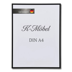 Schwarzer K-Möbel Aluminium Bilderrahmen DIN A4 mit Antireflex-Kunstglas. Modernes Design, Made in Germany.