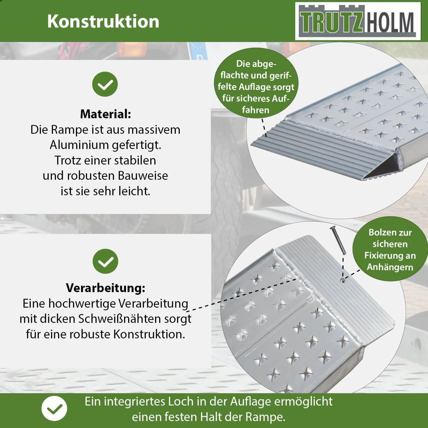 Details der TRUTZHOLM Auffahrrampe: Aluminium, rutschfest, mit Bolzen zur Fixierung am Anhänger.