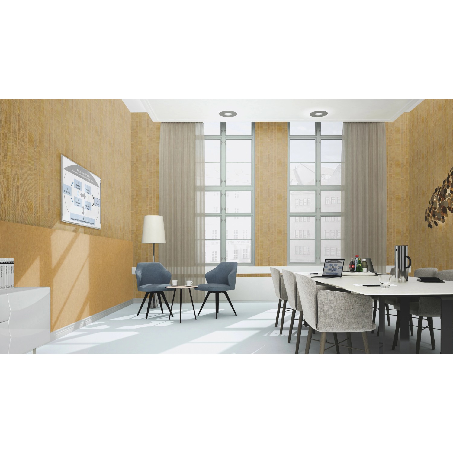 Raum mit gold-gelber Rasch Vliestapete Factory IV 429312 Uni. Dekorative Tapete mit Washed-Effekt.