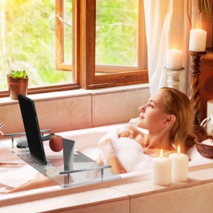 Relaxdays Badewannenablage Acryl Eisen Transparent Silber Rutschfest 4 cm x 68 cm x 23 cm 1,5 kg
