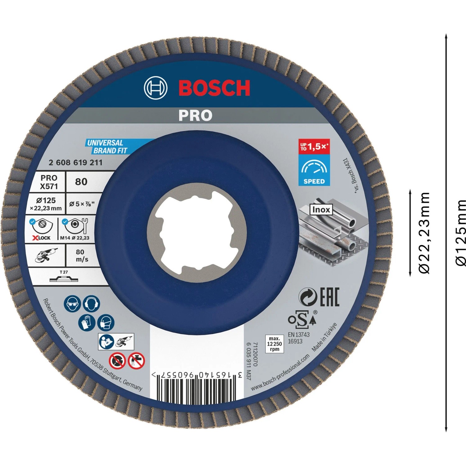 Bosch X-Lock Fächerschleifscheibe X571 für Metall, 125 mm, K80. Blau-graues Winkelschleifer Zubehör.