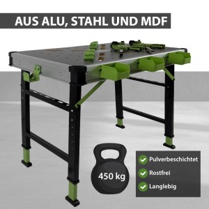 Klappbare TRUTZHOLM Werkbank mit Werkzeugkästen, höhenverstellbar, max. 450 kg Tragkraft.