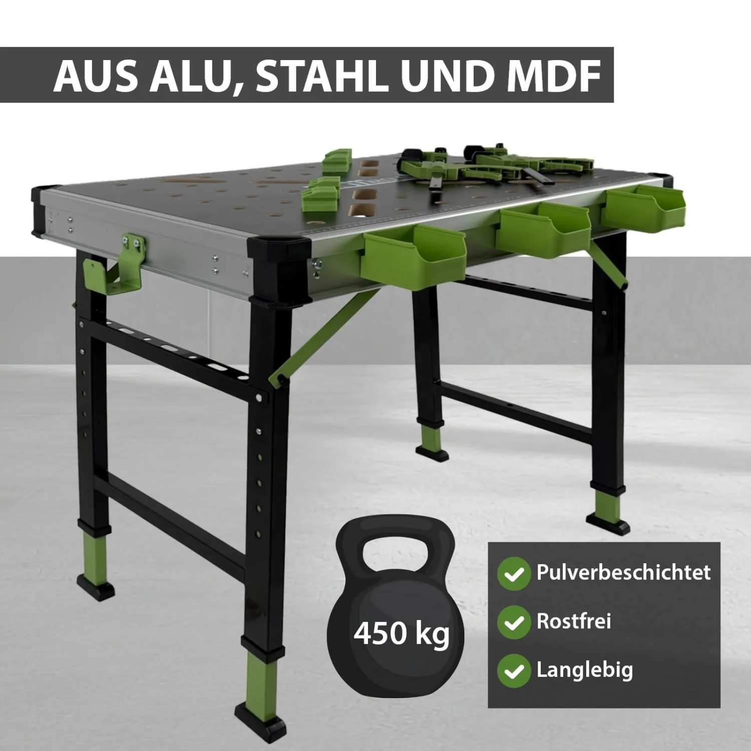 Klappbare TRUTZHOLM Werkbank mit Werkzeugkästen, höhenverstellbar, max. 450 kg Tragkraft.