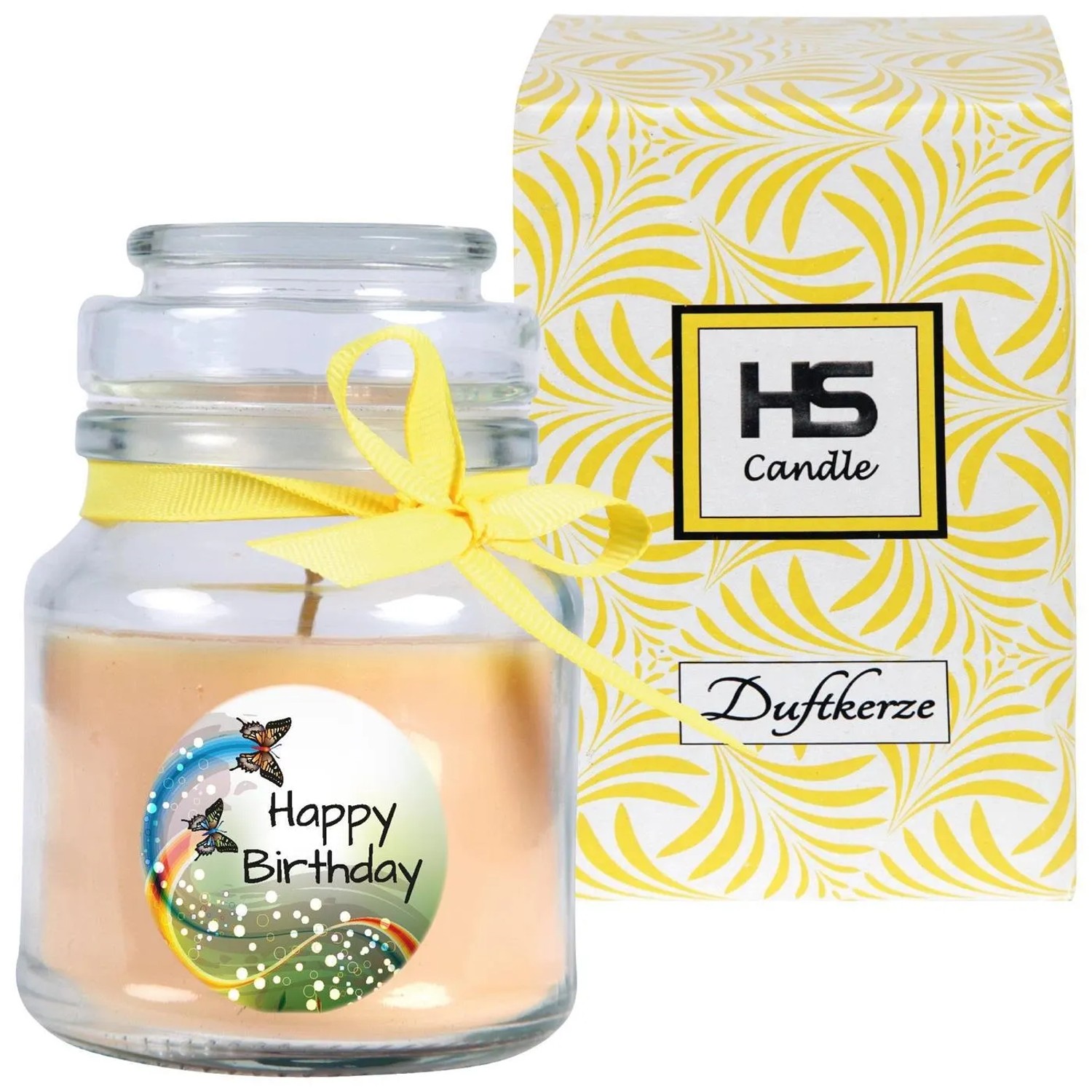 HS Candle Duftkerze Happy Birthday im Glas mit Schleife und Geschenkverpackung.