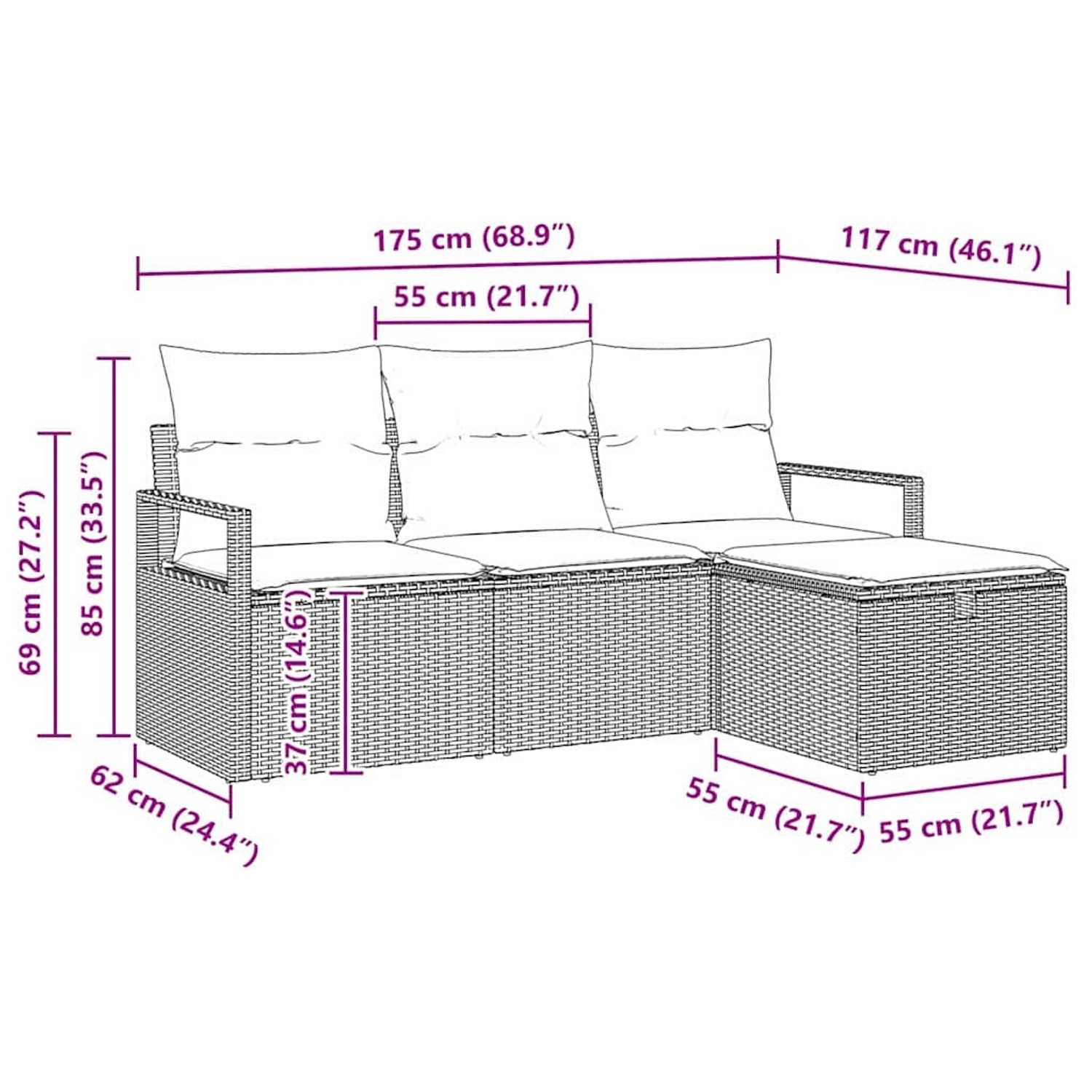 vidaXL Garten-Sofa-Set, 4-teilig, hellgraues Poly Rattan, mit Maßangaben.