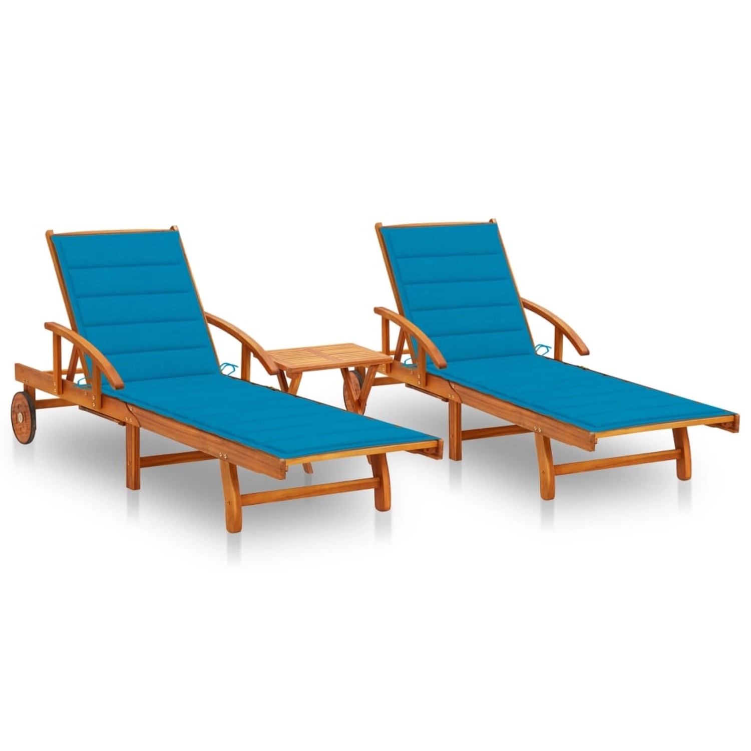 VidaXL Sonnenliegen 2 Stk. mit Tisch und Auflagen Massivholz Akazie Polster-Farbe  Blau