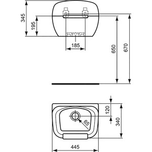 Technische Zeichnung: Ideal Standard Ausgussbecken Duoro, 445 mm, weiß, mit Maßangaben.