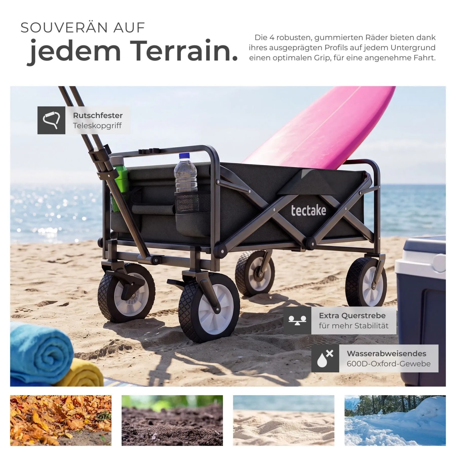 Tectake Bollerwagen Leon Faltbar Mit Bremsen und Gummierten Kunststoffrädern 91 x 53 50 x 101 cm Schwarz_7