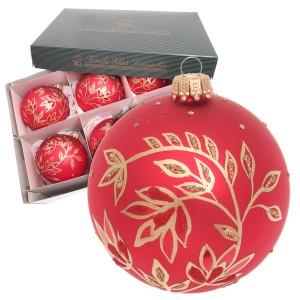 6 rote Weihnachtskugeln von Krebs Glas Lauscha mit goldenem Floral-Dekor, 8 cm.