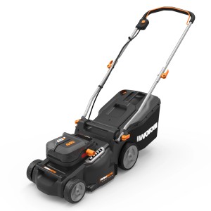 Worx Akku-Rasenmäher WG737E Nitro 40 V mit Fangsack, kompakt und leicht.