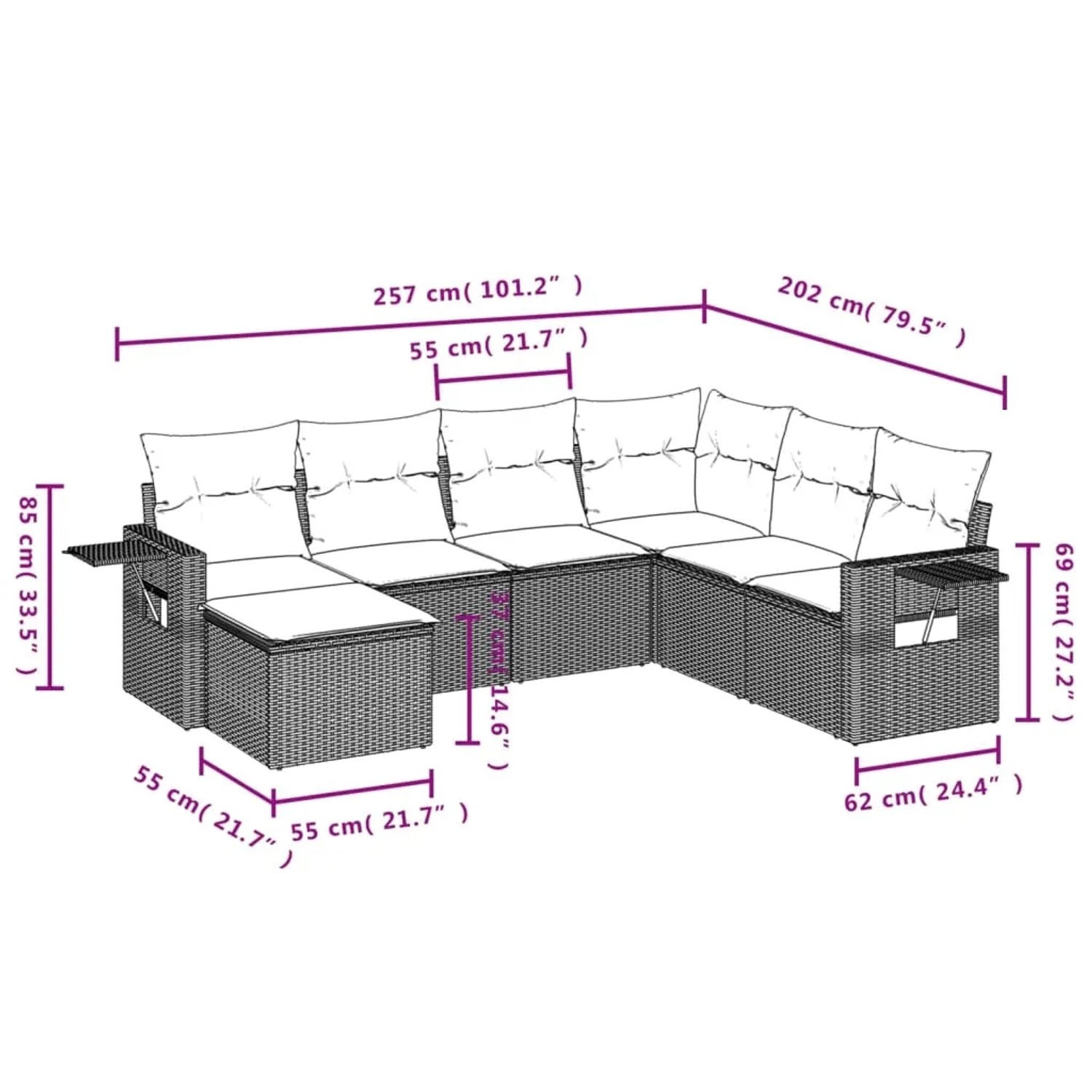 Braune 7-tlg. vidaXL Garten-Sofagarnitur aus Poly Rattan mit cremeweißen Kissen und Maßangaben.