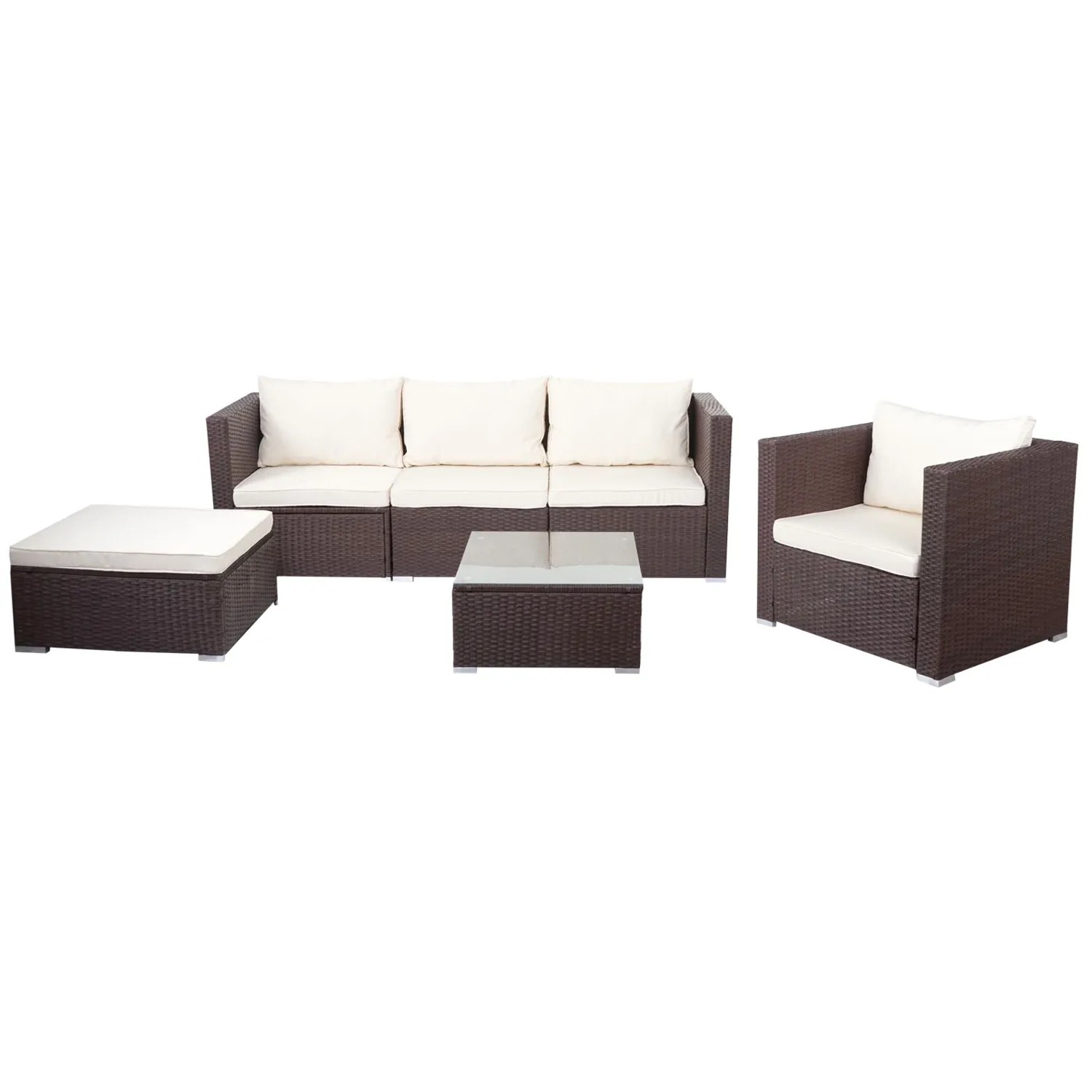Braune Poly-Rattan Lounge-Garnitur Busto mit cremefarbenen Kissen und Glastisch für Garten oder Terrasse.