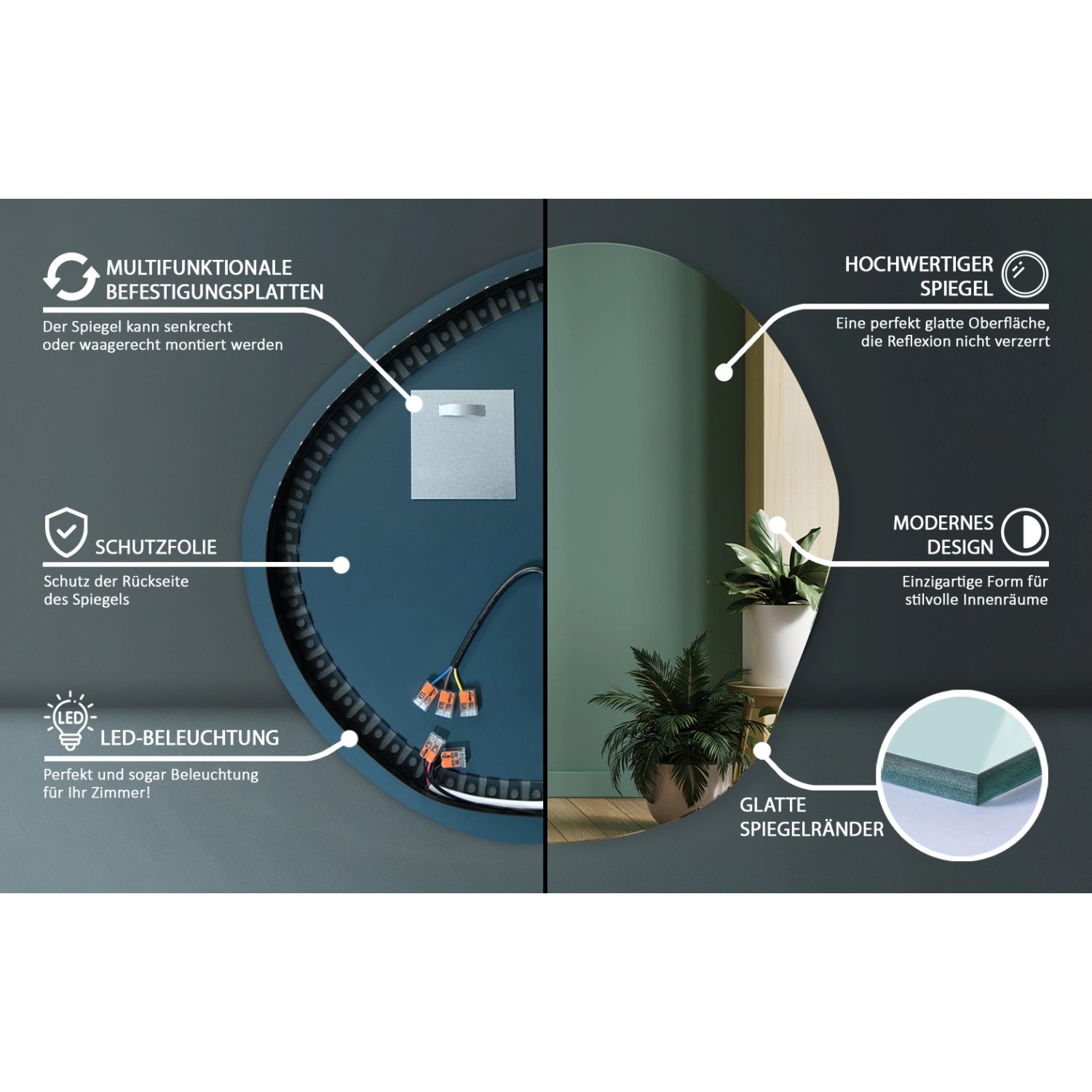 Tulup LED-Lichtspiegel 58 x 58 cm Asymmetrischer Spiegel Industrieller Wandspiegel Badezimmerspiegel Neutralweiß 4000K_6