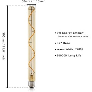 NETTLIFE LED Glühbirne für Wandlampe, röhrenförmig, goldenes Glas, spiralförmiges Filament, E27-Sockel, 2200K warmweiß. 300x30mm.