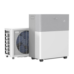 Midea PortaSplit Cool mobile Klimaanlage in Weißgrau, bestehend aus Innen- und Außengerät.
