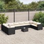 vidaXL 11-tlg. Garten Lounge Set aus Poly Rattan, schwarz, mit cremefarbenen Kissen und Tisch.